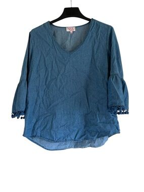 Hester & Orchid V-Neck Blue Denim with Pom-Pom Sleeve Trim Tunic